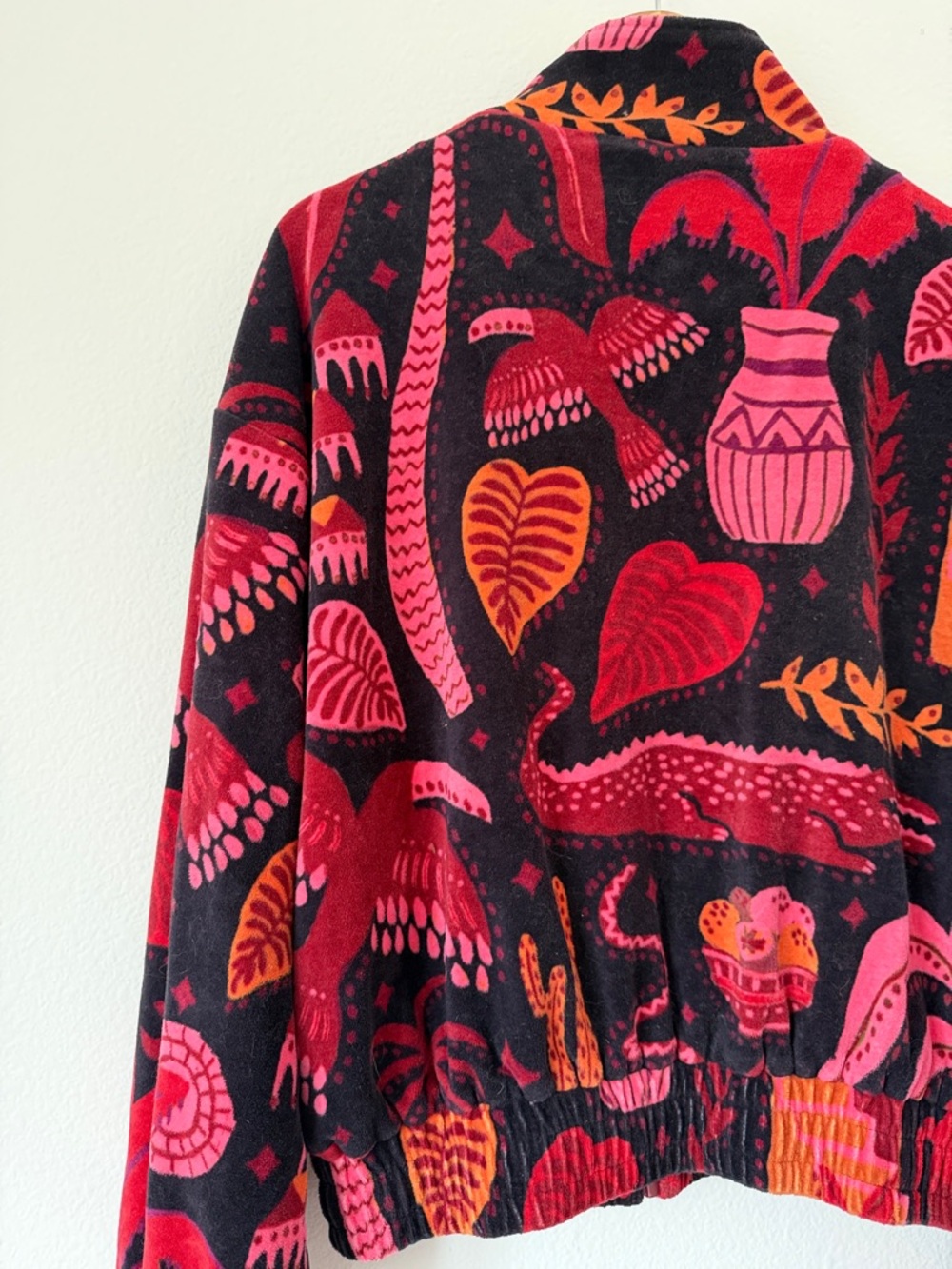 Farm Rio Black Tropical Magic Plush Velvet Bomber Jacket women's size Small - Picture 12 of 16